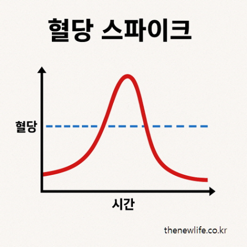 A simple blood sugar spike graph with a red line peaking and dropping over time. Korean title reads 'Blood Sugar Spike.'/시간에 따라 혈당이 급격히 올라갔다가 떨어지는 그래프 이미지. 상단에 '혈당 스파이크'라는 문구가 있음.