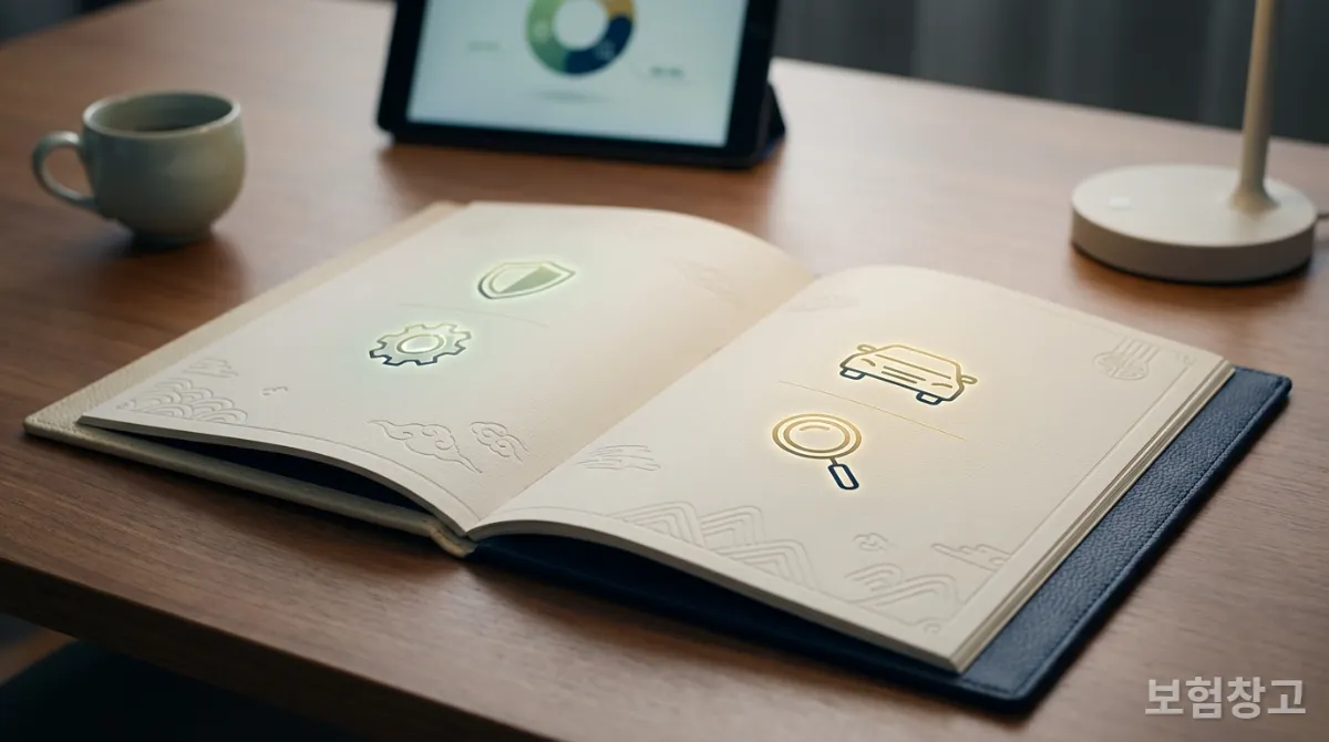 2026년 자동차보험의 새로운 제도와 특약을 상징하는 보험 서류와 디자인 요소