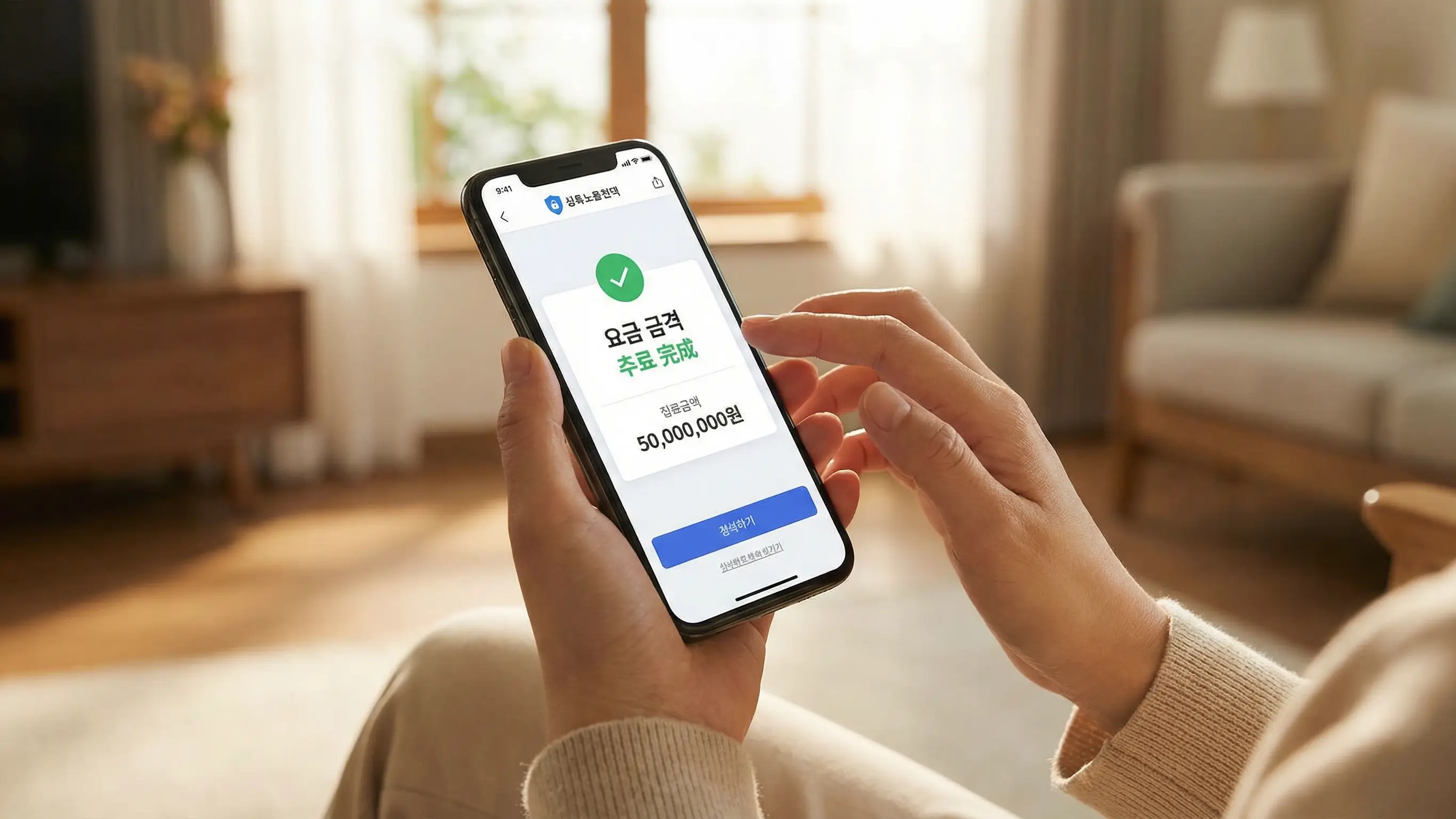 스마트폰으로 안전하게 대출 한도를 조회하고 승인 완료 메시지를 보며 안도하는 손의 클로즈업
