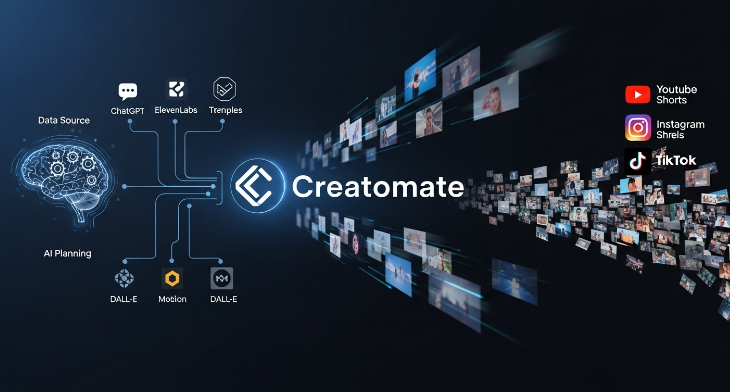 데이터 기반의 AI 영상 자동화 파이프라인을 시각적으로 표현한 이미지. 다양한 AI 툴들이 유기적으로 연결되어 Creatomate를 통해 대량의 숏폼 영상이 생성되고 소셜 미디어로 배포되는 모습을 보여줍니다.