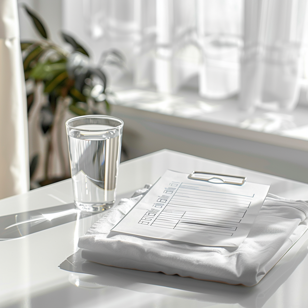 대장내시경전 체크리스트가 적힌 종이와 물한잔, 실사형 이미지