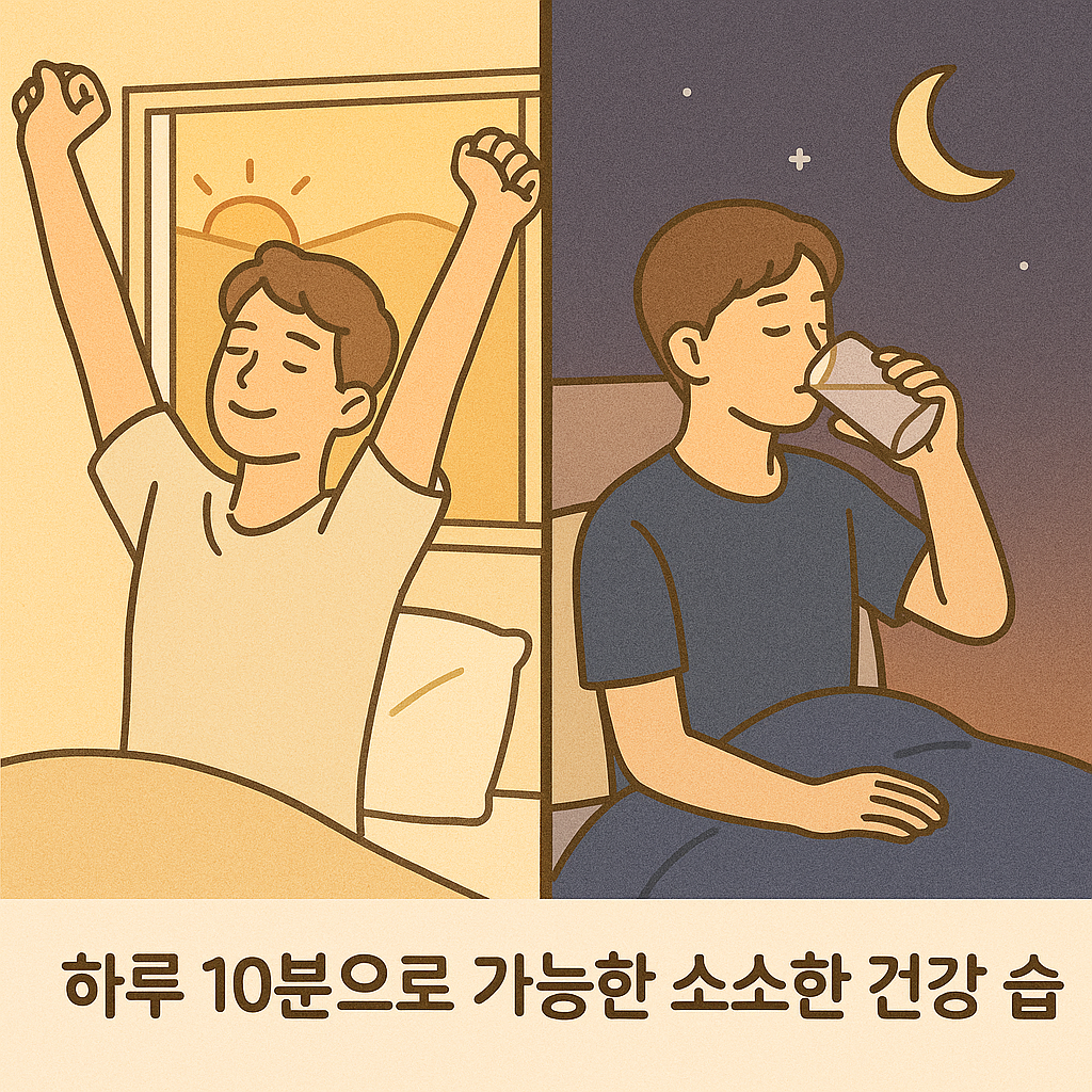 일어난 모습과 잠들기전 물 한잔 모습 이미지