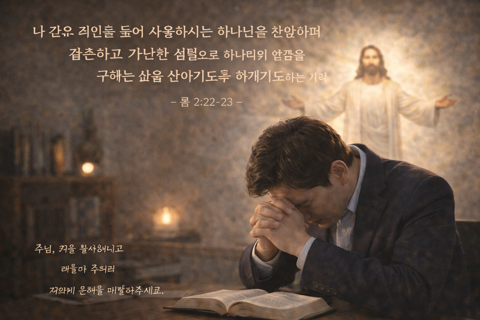 롬 2:22-23 말씀을 보며&amp;#44; 다른 사람이 아니라 제가 죄인임을 생각하게 됩니다. 나 같은 죄인을 살리신 주님의 은혜가 놀라운 것임을 다시금 생각하며 죄인을 들어 사용하시는 하나님을 찬양하며 겸손하고 가난한 심령으로 하나님의 얼굴을 구하는 삶을 살아가도록 회개기도하는 시간을 갖는 모습입니다.