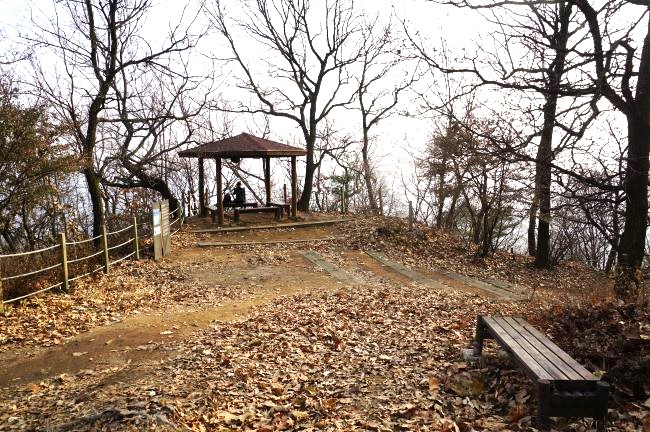 쉼터에 팔각정, 가운데 남성 1 앉아 있음, 왼쪽에 안전로프 난간, 우측에 벤치, 뒤로는 잡목, 하얀 하늘,