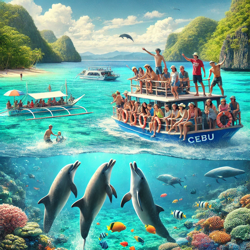 세부 바다 위에서 돌고래와 함께하는 보트 투어 장면, 스노클링하는 사람들의 모습