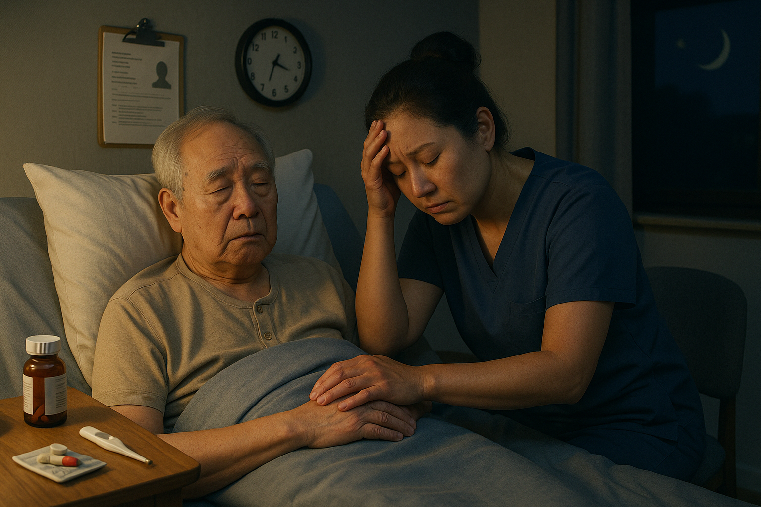 중증 치매노인이 침대에 누워 있고, 옆에서 간병인이 탈진한 표정으로 돌보고 있음