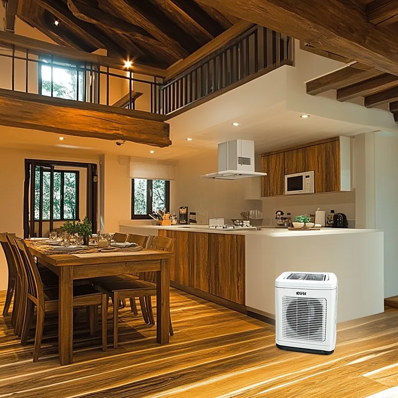 오픈 키친과 다이닝 공간에서 이동식 에어컨이 가족 모임의 쾌적함을 더합니다. 소박한 매력과 따뜻한 조명이 어우러집니다.