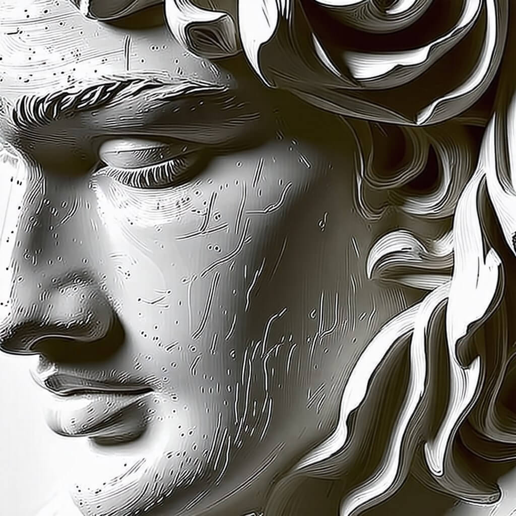 예술작품의 디테일: 특정 예술작품의 클로즈업 이미지. 세밀한 붓터치나 조각의 질감을 강조하여 예술의 아름다움을 보여주는 사진.