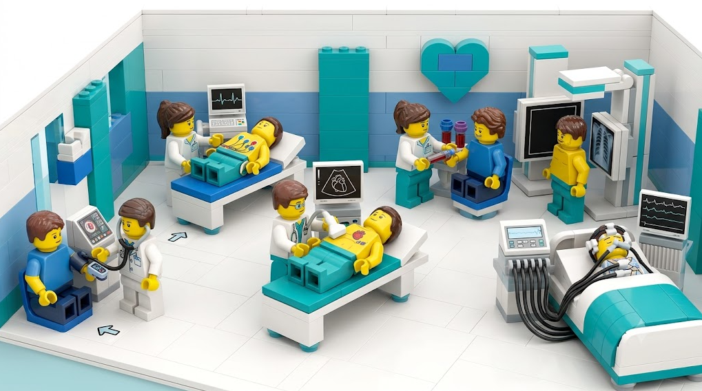 활력징후 측정, 심전도, 심장초음파, 채혈, 흉부 X-ray, 수면다원검사 등 첫 진료 시 시행되는 주요 검사를 정리한 레고 스타일 인포그래픽