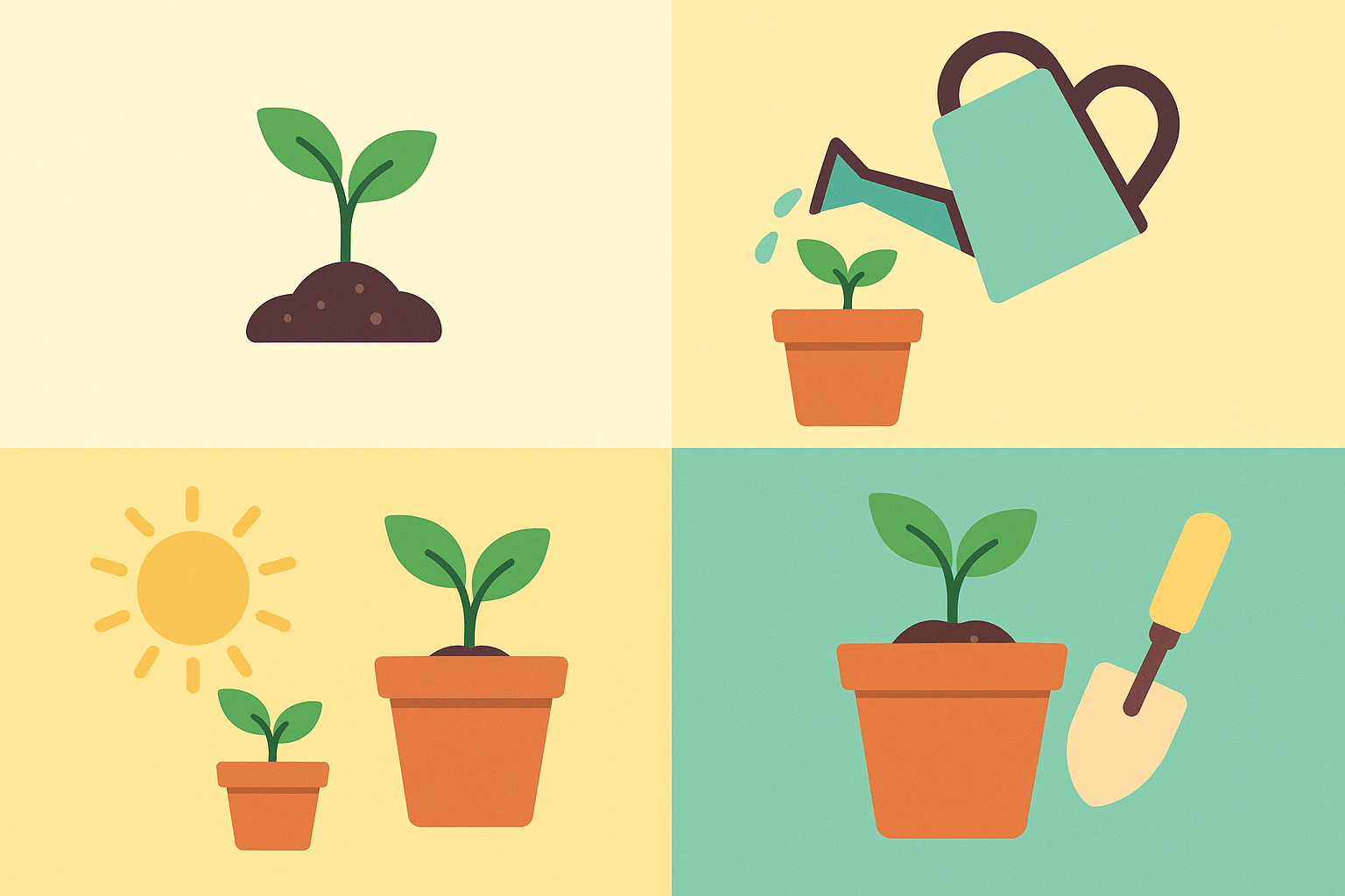 가이드, 기본적인 재배 도구와 관리 단계들을 플랫 아이콘과 단계 순서로 설명하는 교육형 이미지