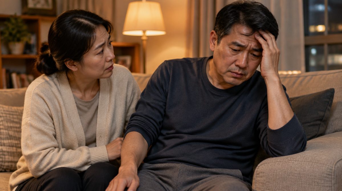 뇌출혈 후 두통으로 머리를 짚은 편마비 남성과 걱정하는 아내