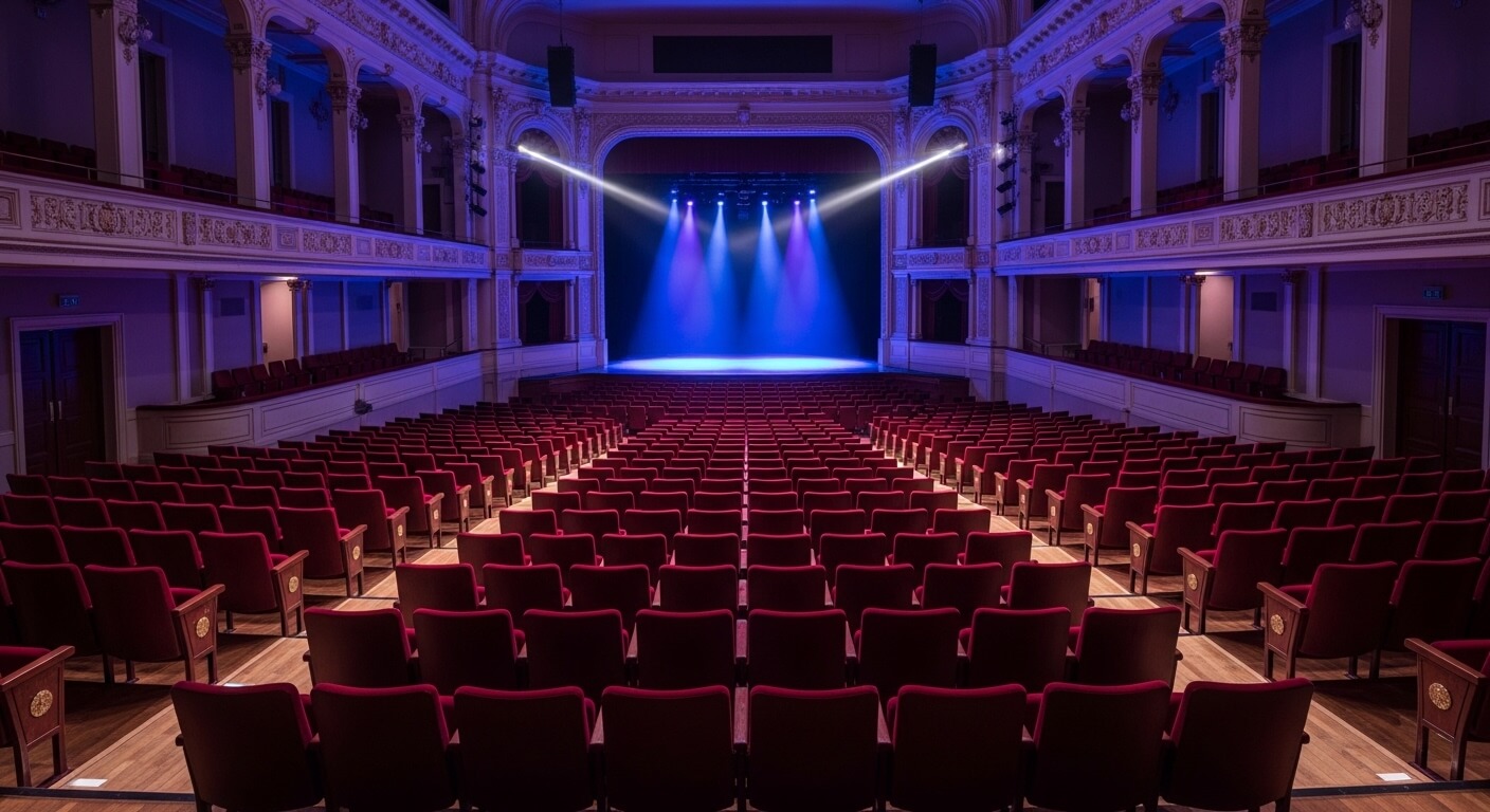 무대 조명이 켜진 대형 공연장 내부, 비어 있는 관객석 전경