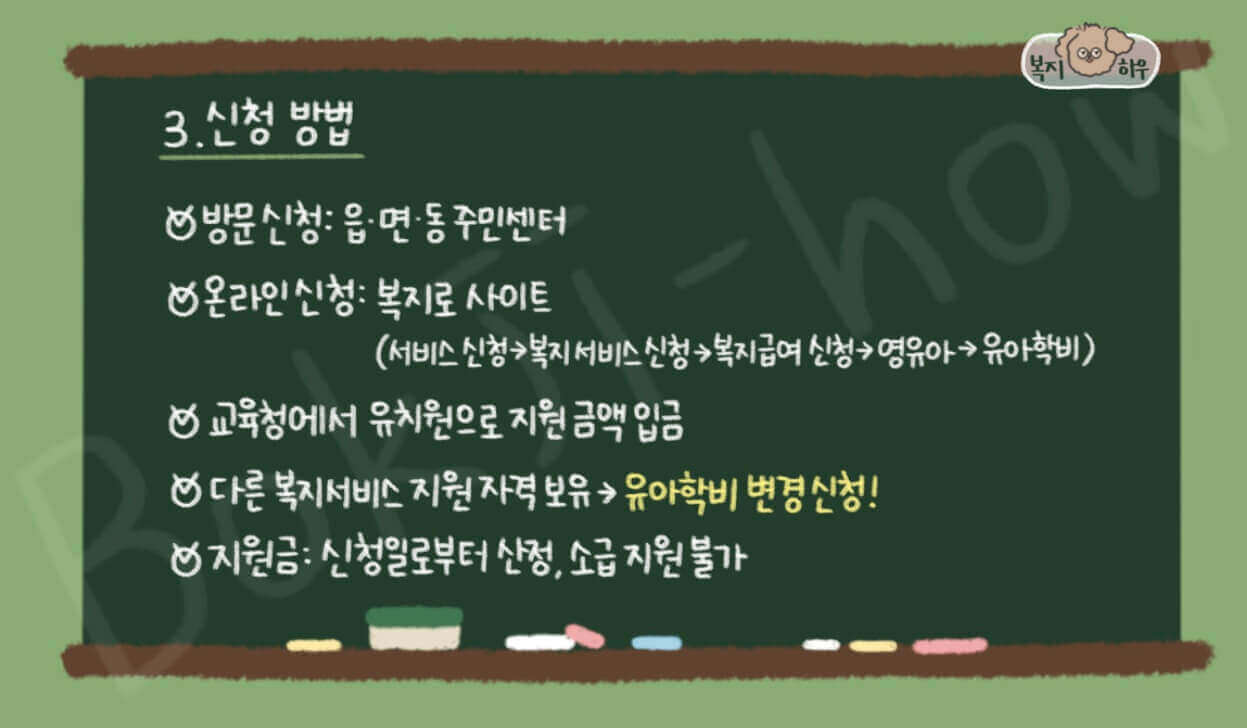 유아학비 신청은 주민센터에서 방문 신청도 가능하며, 복지로 사이트에서 온라인 신청도 가능하다.