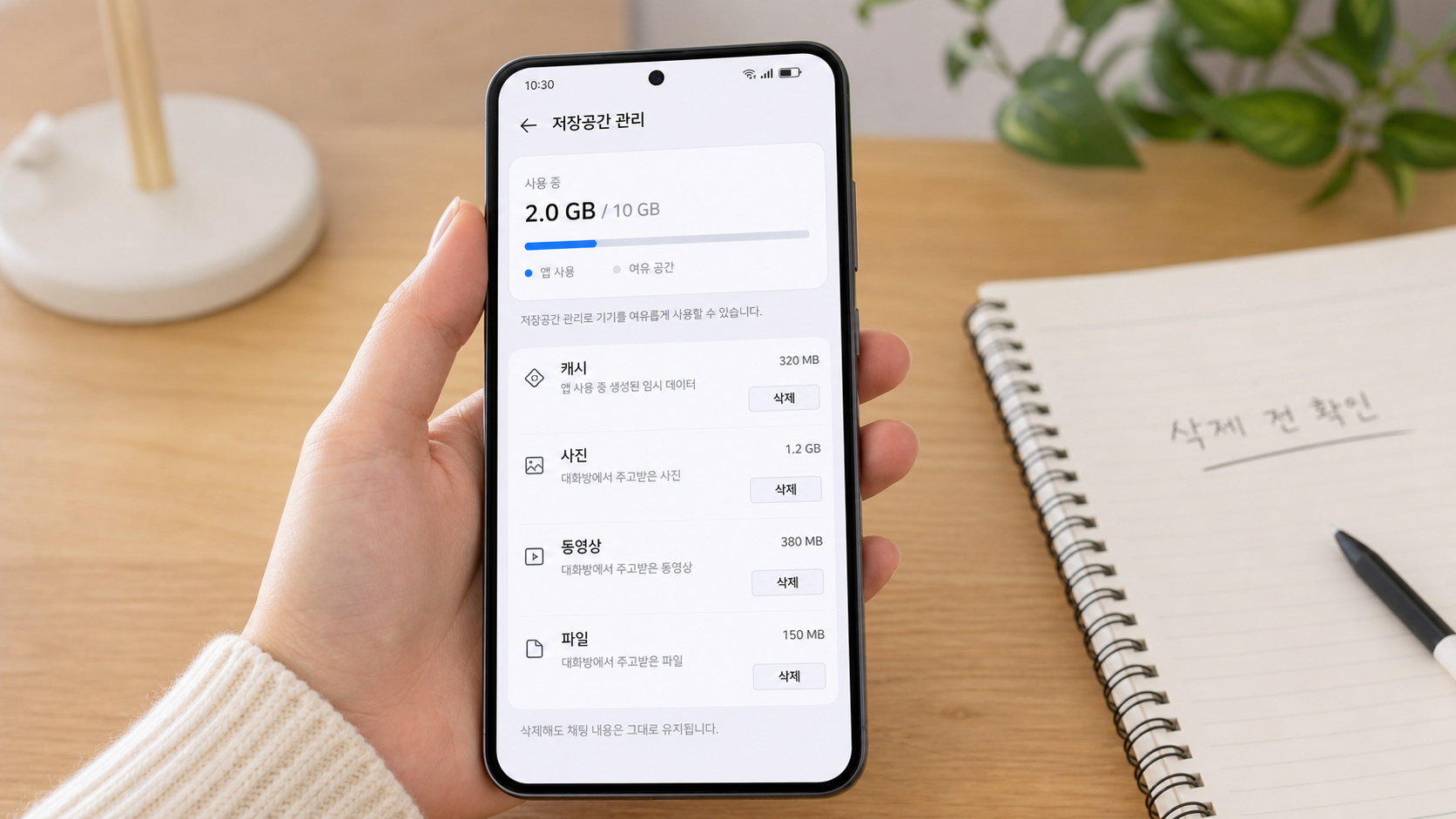 카카오톡 저장공간 관리 화면에서 캐시 데이터와 사진 동영상 파일을 나눠 확인하는 스마트폰