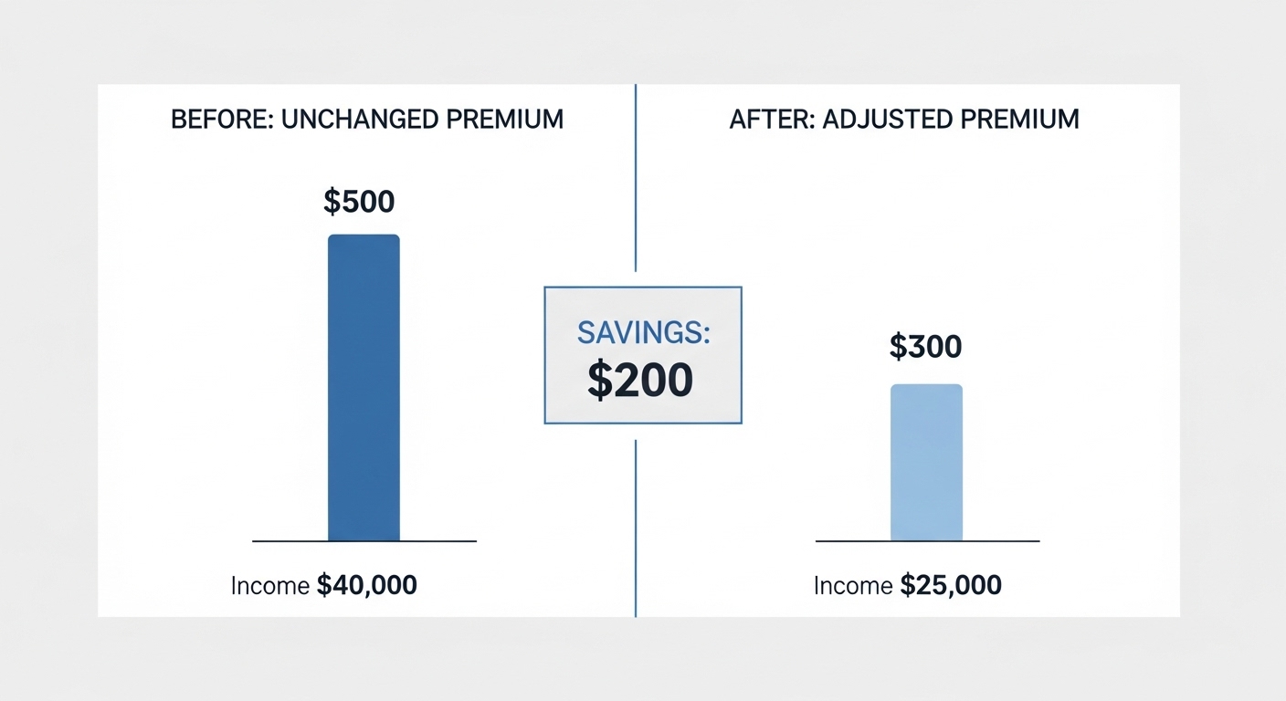 소득 감소 후 보험료가 즉시 조정되지 않은 '이전'과 즉시 조정된 '이후'의 보험료 금액을 비교하는 차트.