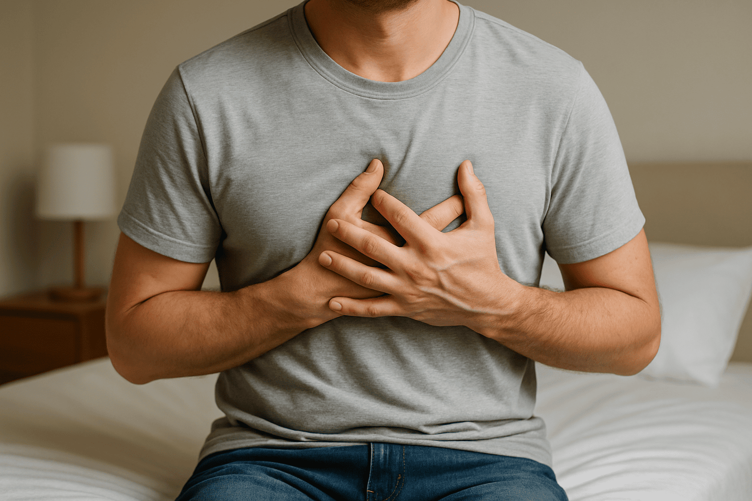 위산 역류 증상 중 가슴이 타는 듯한 속쓰림으로 고생하는 사람 이미지