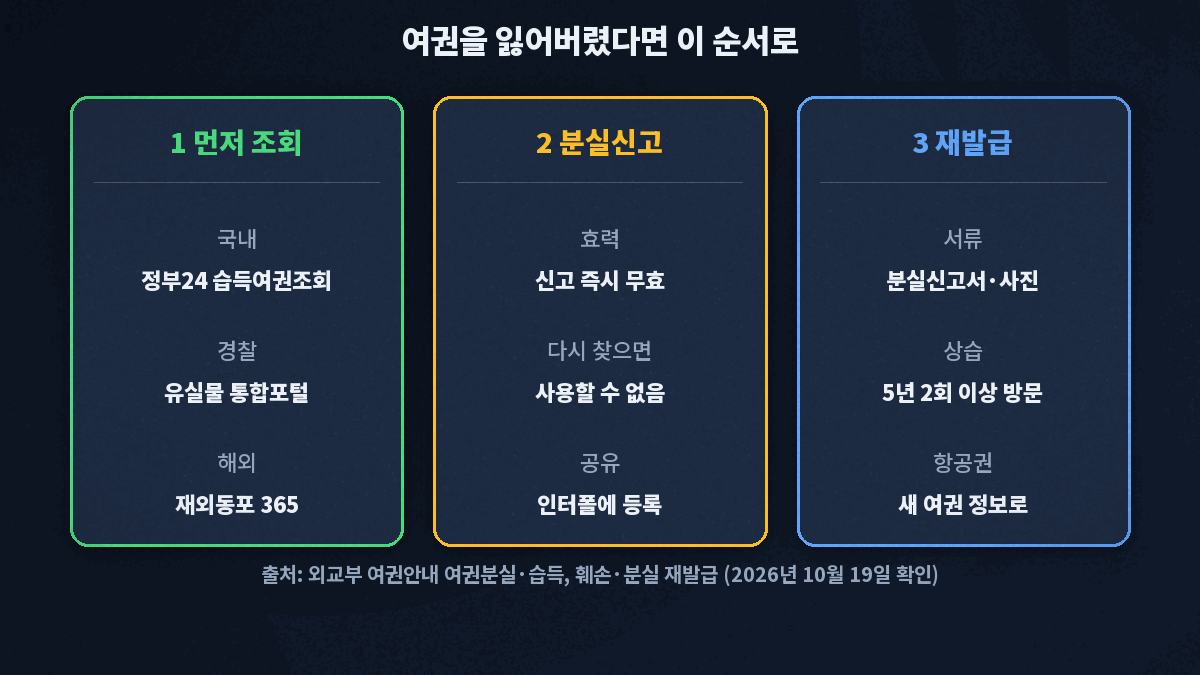 여권 분실 시 처리 순서. 1 정부24 습득여권조회·유실물 통합포털·재외동포 365로 먼저 조회, 2 분실신고하면 즉시 무효이고 다시 찾아도 사용할 수 없으며 인터폴에 등록, 3 분실신고서·사진으로 재발급하고 5년 2회 이상이면 방문, 항공권은 새 여권 정보로