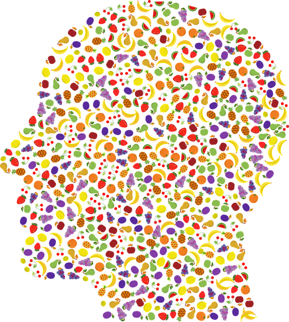 사람의 머리형상에 다양한 색깔을 가진 과일들과 채소가 가득 차 있다.