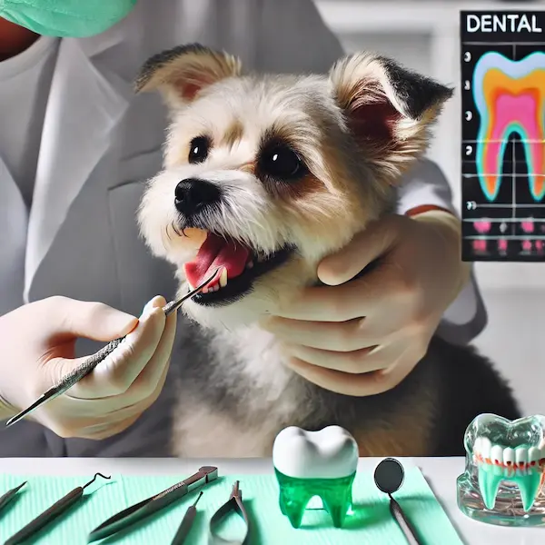 동물병원에서 수의사가 강아지 구강 검진을 하며 치주 건강을 관리하는 장면