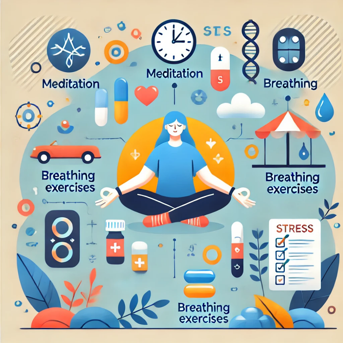 명상과 호흡 운동 등 스트레스 관리 기술이 혈당 관리에 도움을 주는 그래픽