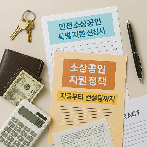 인천 소상공인 특별 지원 신청서, 지원 정책 안내서, 계산기, 열쇠, 지갑이 정돈된 사물 스튜디오컷 이미지