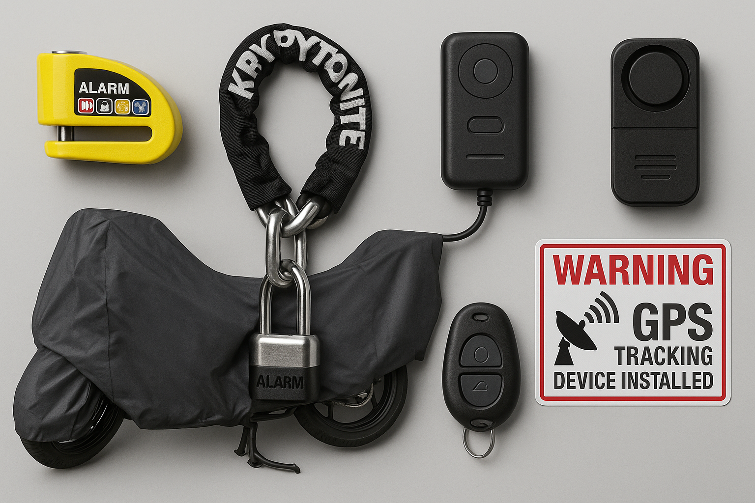 디스크락, 체인, 커버, GPS 등 다양한 오토바이 도난 방지용품의 사진