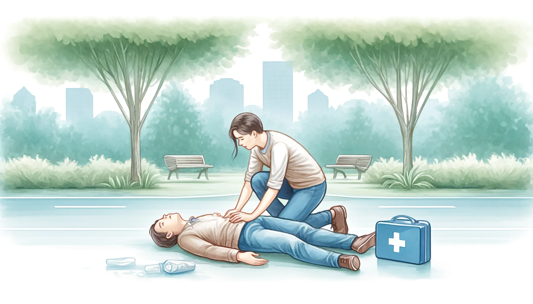 공원에서 기절한 사람을 도와주는 응급처치 장면을 수채화 스타일로 표현한 일러스트. 쓰러진 사람과 호흡을 확인 중인 구조자가 등장하며, 차분하고 따뜻한 분위기 강조