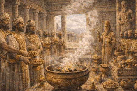 아라비아 남부 하드라마우트 왕국의 고대 신전 내부에서 향료를 태우는 장면