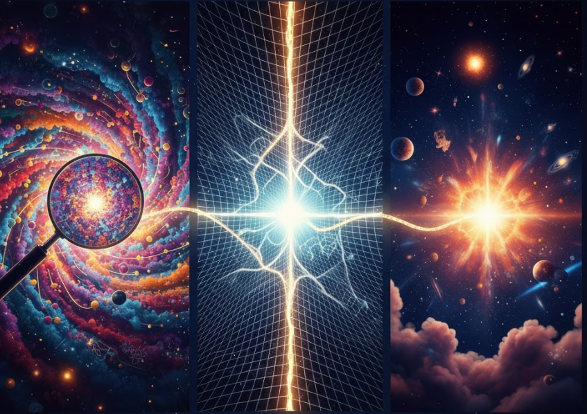 시공간의 최소 단위인 플랑크 길이를 세 가지 관점으로 표현한 추상 일러스트. 왼쪽은 돋보기로 들여다본 복잡한 양자 거품 구조, 중앙은 왜곡된 시공간의 격자와 에너지의 흐름, 오른쪽은 초미세 영역에서 폭발하며 팽창하는 우주의 기원을 텍스트 없이 시각적으로 묘사한 이미지
