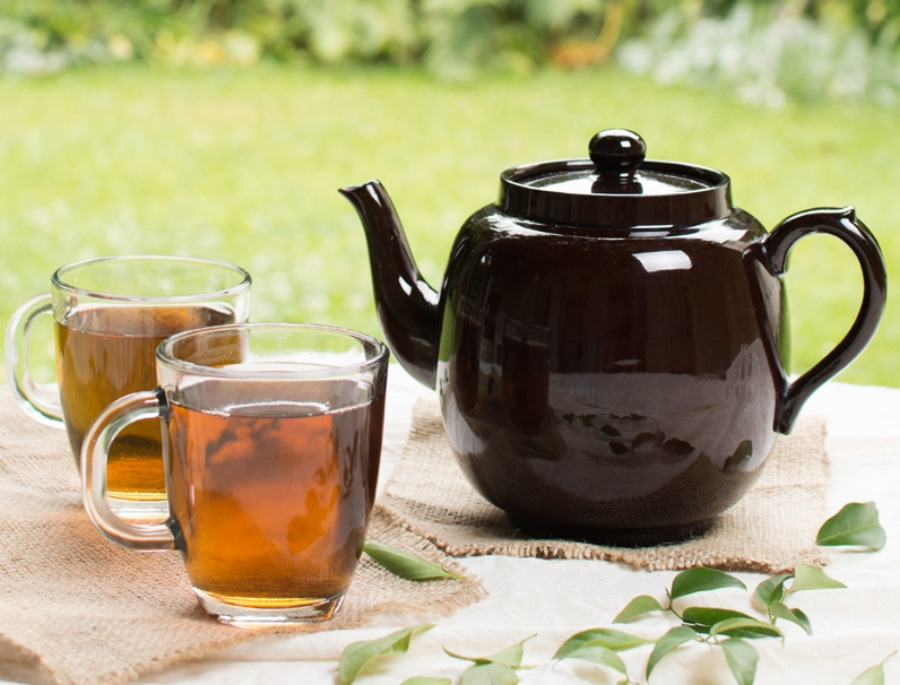 야생에서 채취를 한 석창포를 넣고 끓인 석창포차를 담은 검은색 유리주전자와 투명한 컵 2개에 석창포차를 가득 감은 것을 테이블 위에 나뭇잎과 함께 놓아두고 찍은 사진