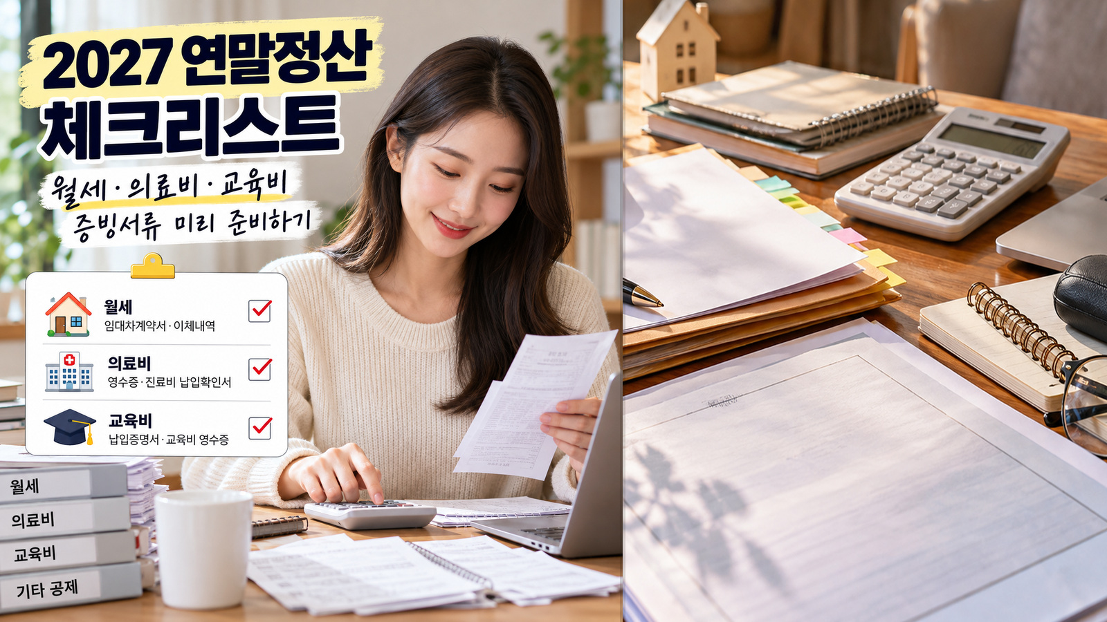 실제 서류를 확인하는 여성 사진 옆에 월세 계약서&middot;이체내역, 의료비 영수증, 교육비 납입증명서 세 가지 준비 자료를 한국어로 정리한 실사형 인포그래픽