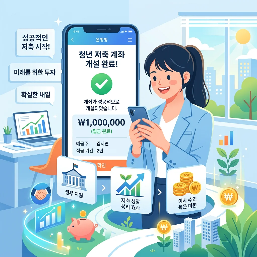 스마트폰으로 청년미래적금을 신청하는 청년의 모습이 담긴 금융 정책 안내 이미지