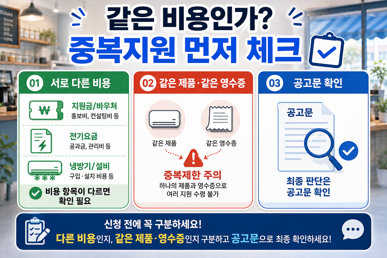 2026 소상공인 냉방비 지원 바우처 에어컨 지원 중복 가능 불가 사례