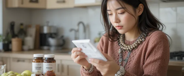 주방에서 영양제 병 라벨을 꼼꼼히 읽는 중년 여성