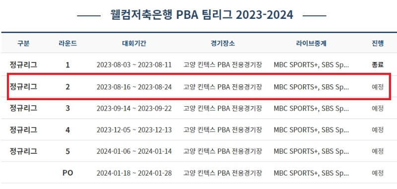 pba팀리그 2라운드 대회 기간 경기 일정 시간