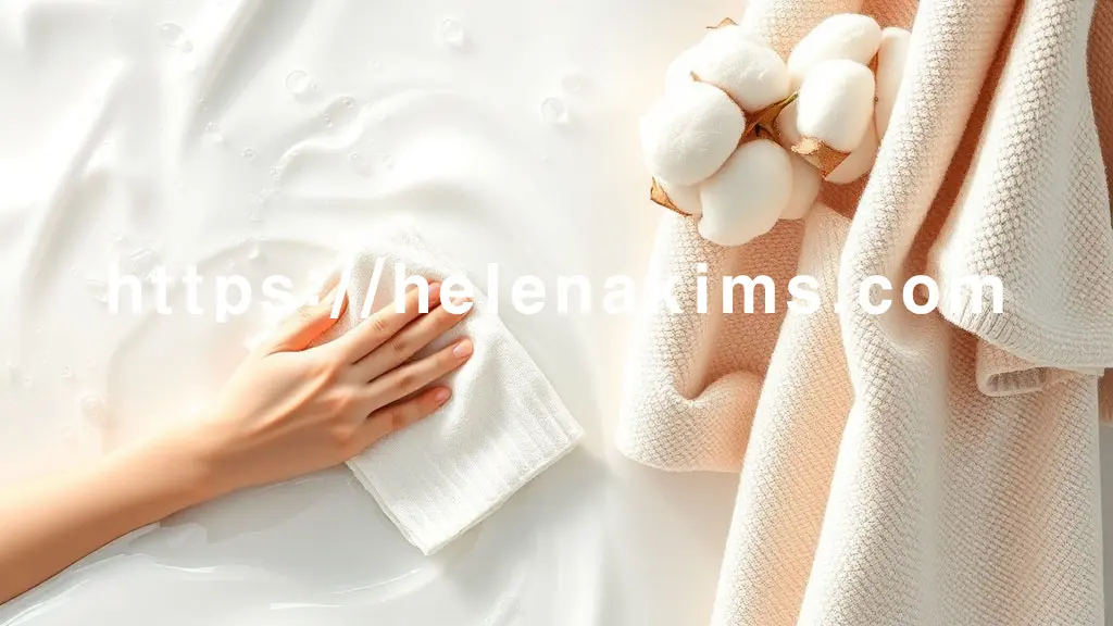 피부를 부드럽게 감싸는 미온수의 흐름과 함께, 물기를 톡톡 두드려 닦아내는 부드러운 면 타월. 이어서 피부에 순한 보습제가 스며드는 촉촉한 질감. 옆에는 포근한 면 소재 의류가 걸려 있는 이미지.
