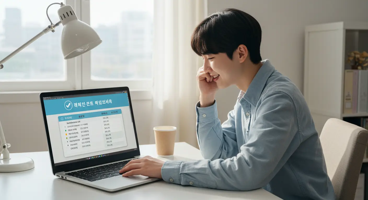 한 취업준비생이 컴퓨터로 국민취업지원제도 1유형 소득 요건(건강보험료)을 확인하고, 본인이 지원 대상임을 알고 안심하며 미소 짓는 모습