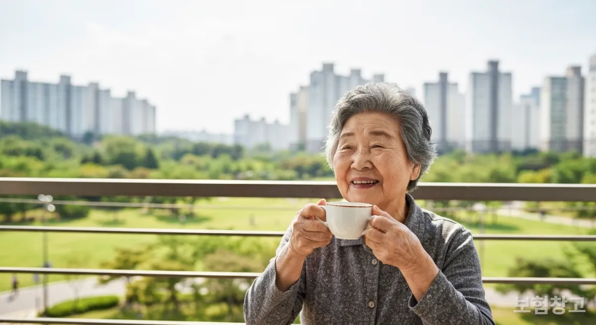도시 공원이 보이는 발코니에서 평화롭게 차를 마시며 미소 짓는 나이 든 한국인 여성
