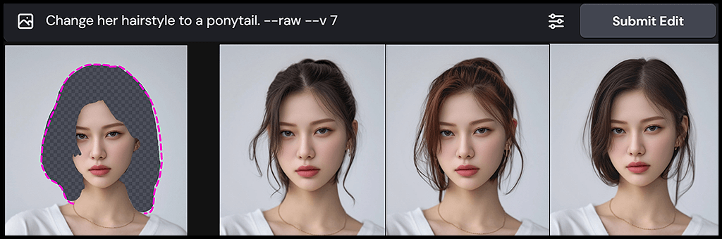 Midjourney Edit 기능에서 브러쉬·스마트 마스킹을 활용해 인물 헤어 스타일을 변경한 예시 이미지 1_Midourney