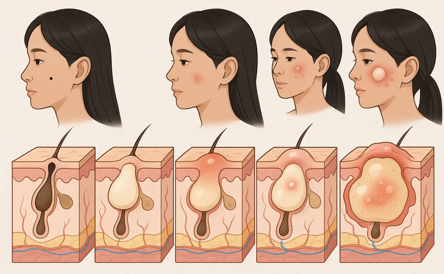 블랙헤드, 화이트헤드, 구진성 여드름, 농포성 여드름, 결절성&middot;낭종성 여드름