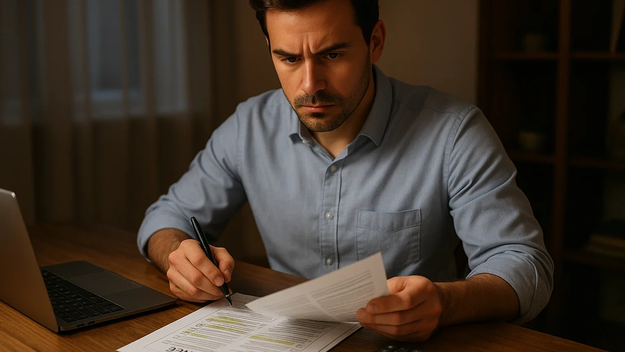 보험 서류를 검토하며 재심사 청구를 준비하는 진지한 표정의 사람