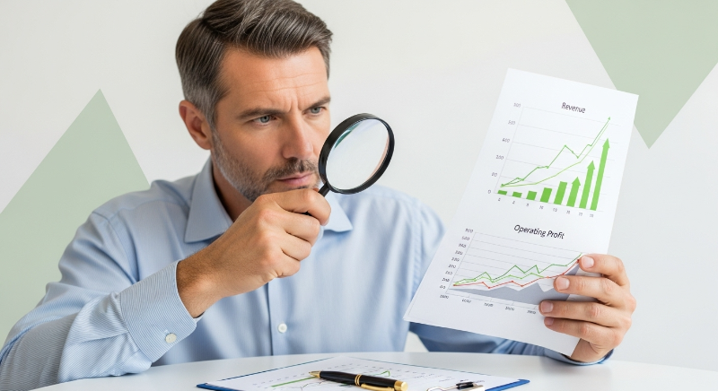 돋보기를 들고 재무제표의 매출 및 영업이익 상승 그래프를 꼼꼼히 분석하는 투자자의 모습. 신중한 투자를 상징합니다.