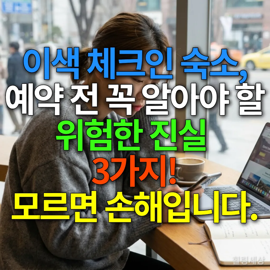 카페에서 노트북과 휴대폰으로 이색 숙소 정보를 신중하게 검색하는 한국인 학생