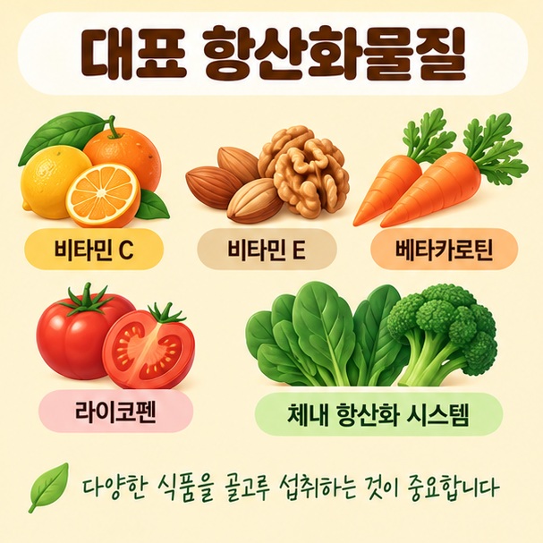 비타민 C 비타민 E 베타카로틴 라이코펜과 체내 항산화 시스템의 대표 예를 보여주는 이미지