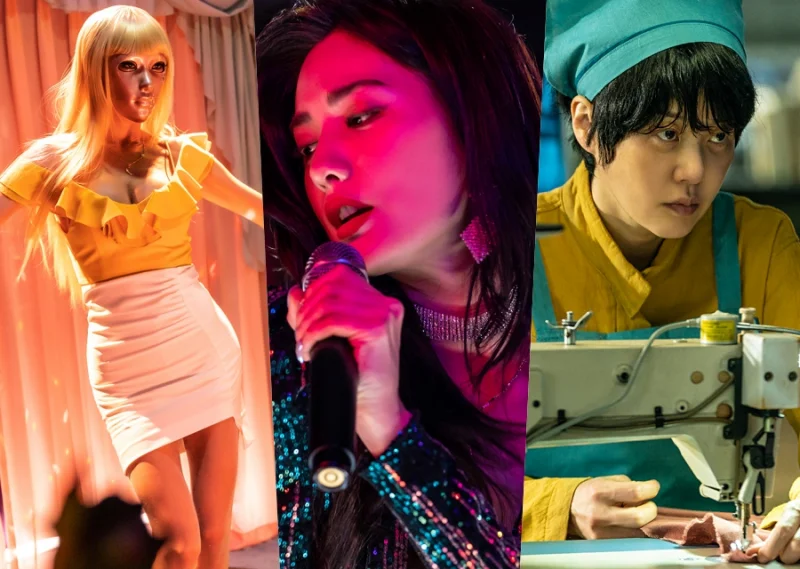 넷플릭스 마스크걸에서 마스크를 쓰고 춤을 추는 신인배우와 마이크를 들고 노래하는 배우 나나, 그리고 죄수복을 입고 재봉하고 있는 배우 고현정