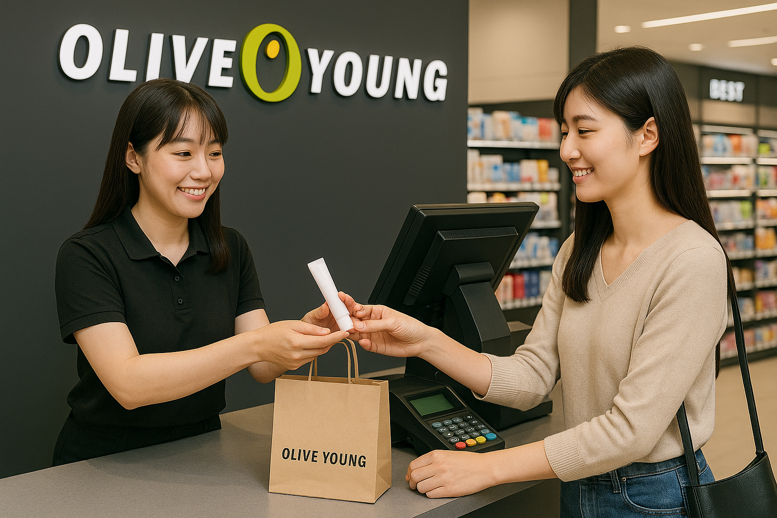 올리브영에서 물건을 사고 계산하는 모습
