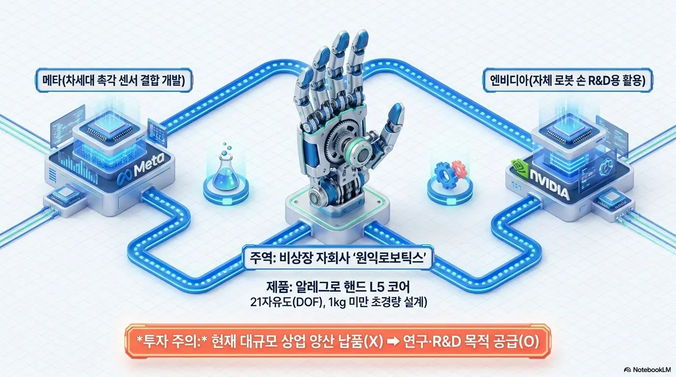 원익홀딩스 주가 전망: 원익홀딩스 자회사 원익로보틱스의 로봇 손 알레그로 핸드 L5 코어를 중심으로 메타의 차세대 촉각 센서 협력과 엔비디아의 연구용 활용을 연결한 휴머노이드 밸류체인 이미지. 대규모 양산 납품이 아닌 연구&middot;개발 목적 공급이라는 투자 유의점을 함께 전달하며 원익홀딩스 로봇 모멘텀을 설명함. 