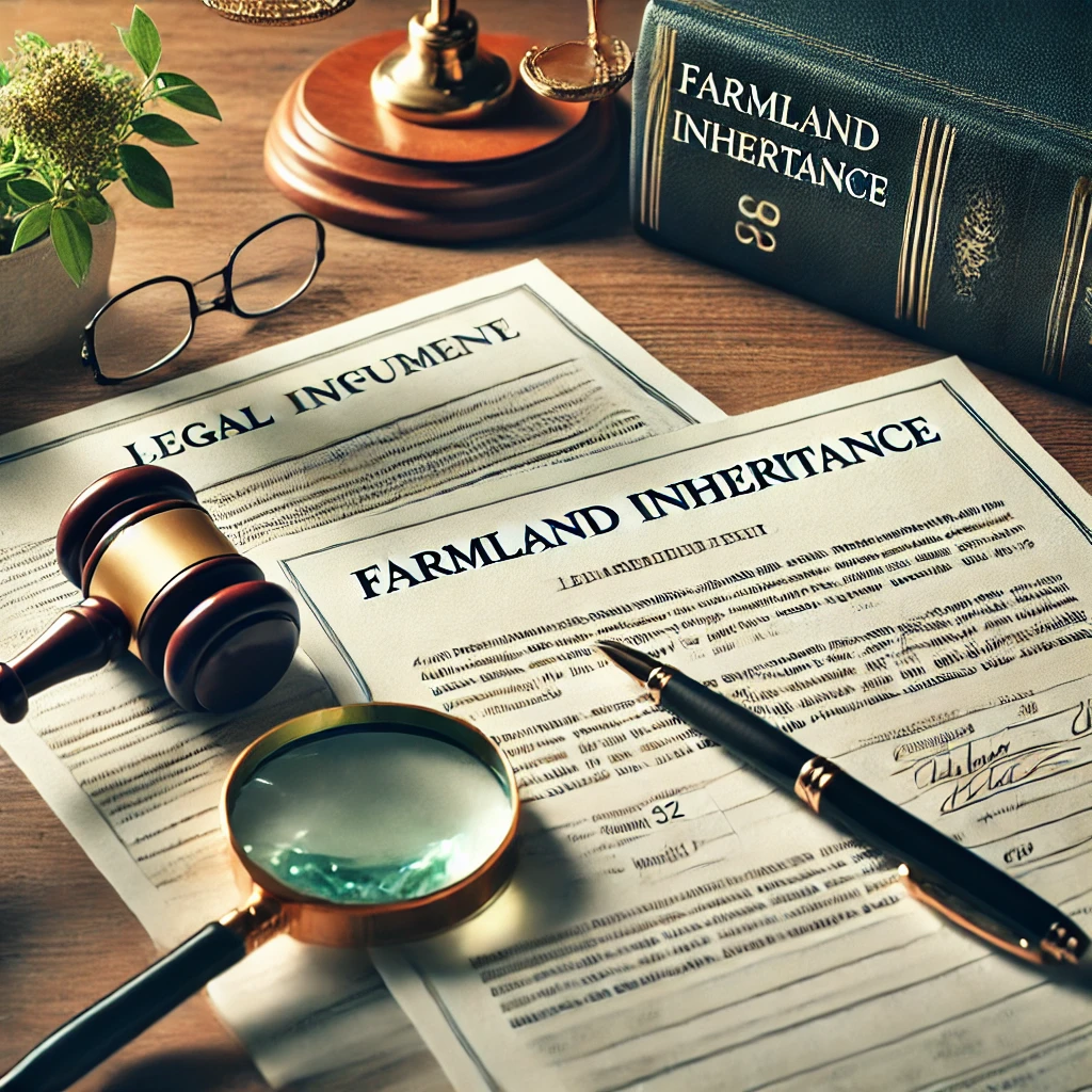 농지 상속과 관련된 법률 서류와 펜, 돋보기가 책상 위에 놓여있는 이미지