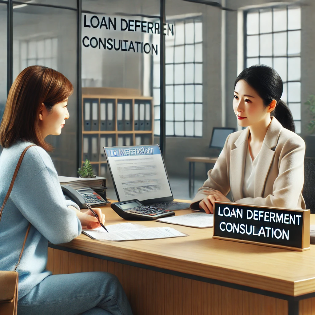 은행 창구에서 대출 상환 유예 상담을 받고 있는 중년 여성