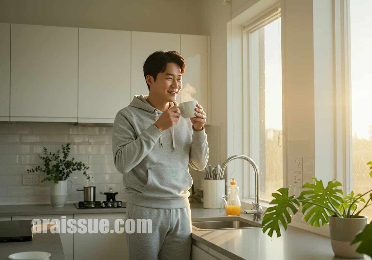 햇살이 드는 주방 창가에서 한국 남성이 미지근한 물을 마시는 모습입니다. 건강한 하루의 출발을 상징적으로 보여주는 장면입니다.